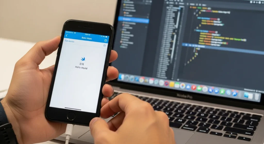 Testing your first Swift app on a real iPhone
connected to Xcode"