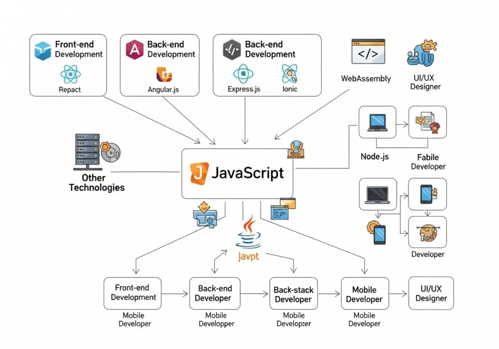 JavaScript introduction ecosystem and career paths diagram for beginners"
