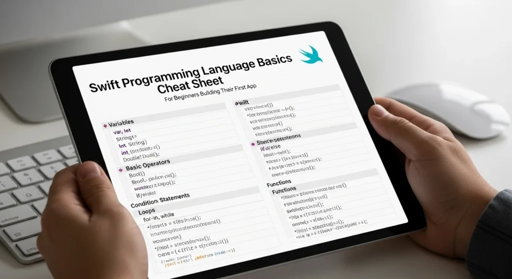 Swift programming language basics cheat sheet for
beginners building their first app