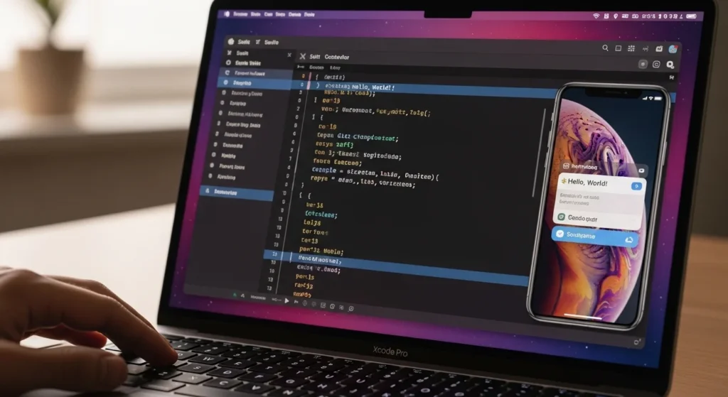MacBook with Xcode open to build your first app
with Swift