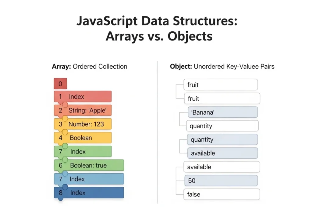 JavaScript for beginners arrays vs objects data structure diagram