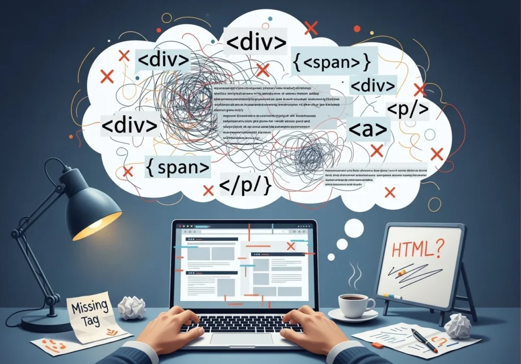 create an image for my blogpost on the topic of Common HTML mistakes beginners should avoid in web development
