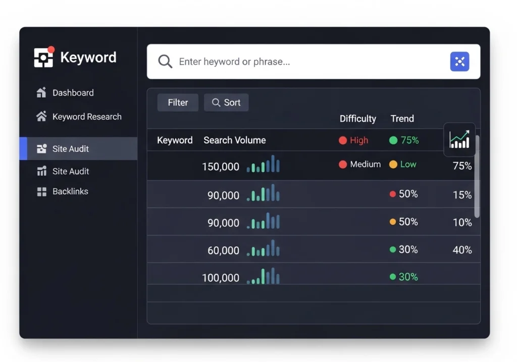On-page SEO guide keyword research tool showing volume and difficulty