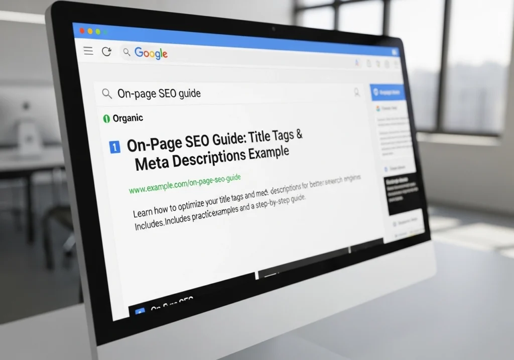 On-page SEO guide title tag and meta description example in Google SERP