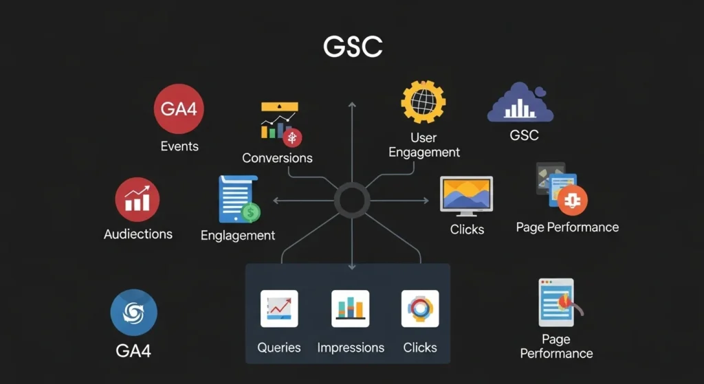 Diagram showing how to link Google Analytics 4 with Google Search Console for better SEO insights