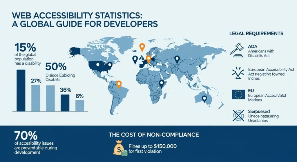 Web accessibility statistics infographic — guide for developers
showing global impact and legal requirements
