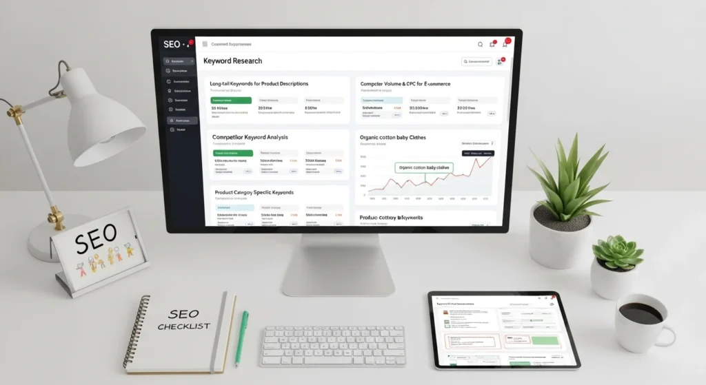 Keyword research tool showing SEO best practices for e-commerce product pages