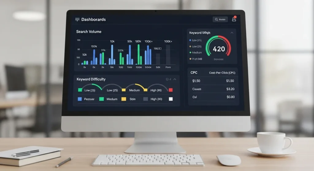SEO keyword analysis dashboard showing search volume, difficulty, and CPC metrics