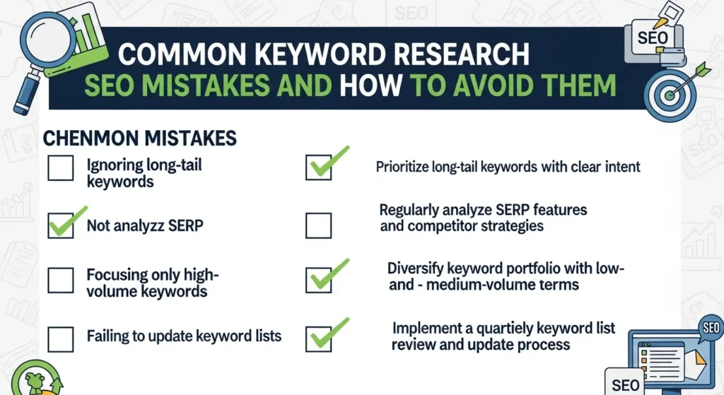 Common keyword research SEO mistakes and how to avoid them checklist graphic