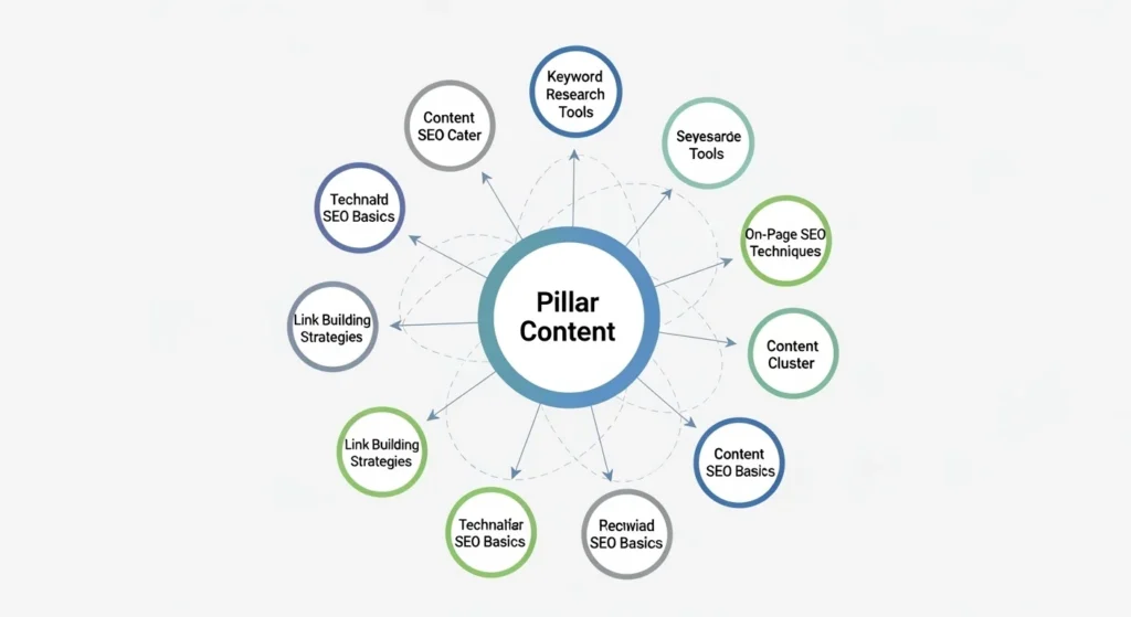 Topic cluster model diagram for keyword research SEO content strategy