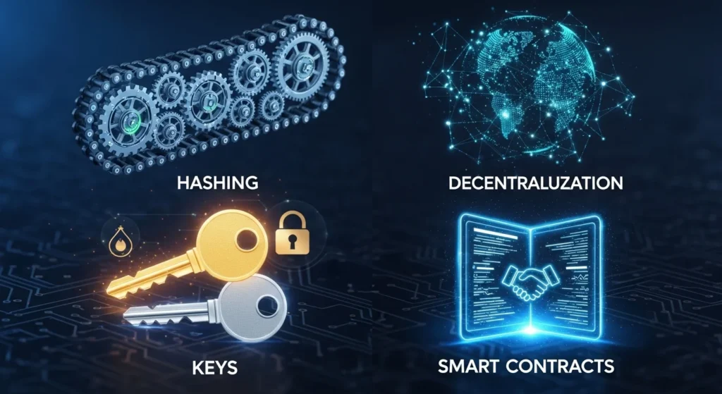 Four key concepts of blockchain technology: hashing, decentralization, keys, and smart contracts