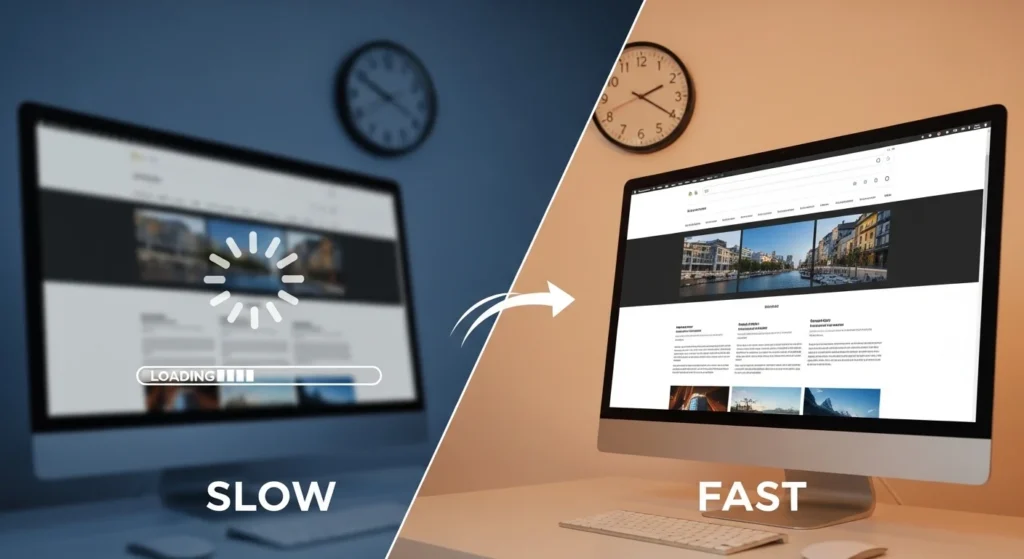 Website speed optimization comparison showing slow vs fast website load time