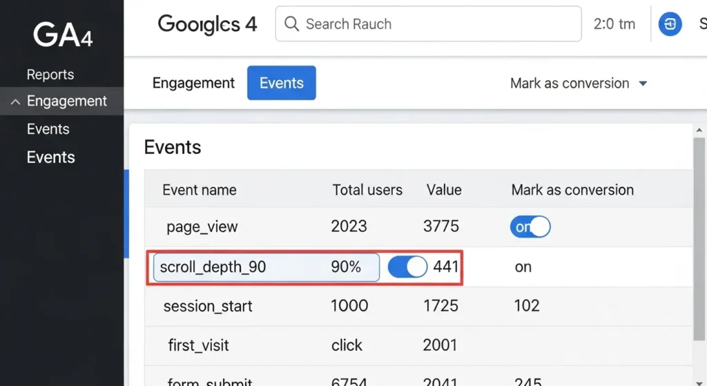 Google Analytics 4 events page showing how to mark SEO conversion events for tracking