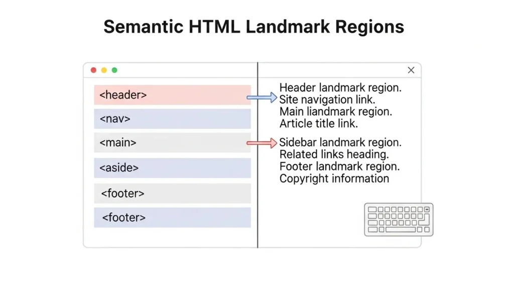 Semantic HTML landmark regions — web accessibility guide for
developers showing screen reader navigation