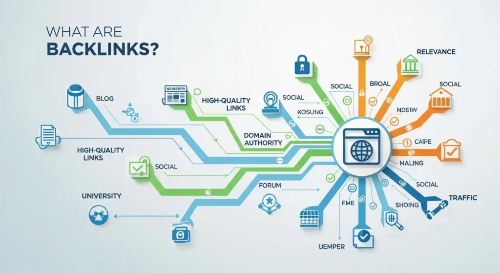 What are backlinks infographic showing links pointing to a
central website for SEO