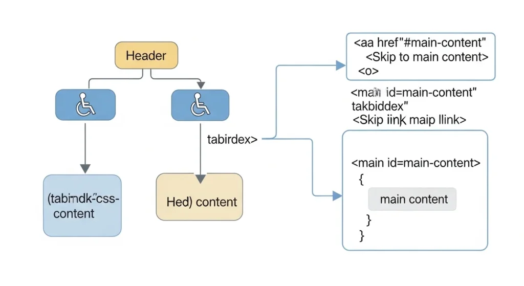Keyboard accessibility focus flow diagram guide for developers
showing Tab navigation and skip links