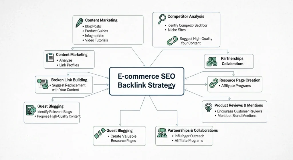 Backlink building strategy diagram for e-commerce SEO best practices
