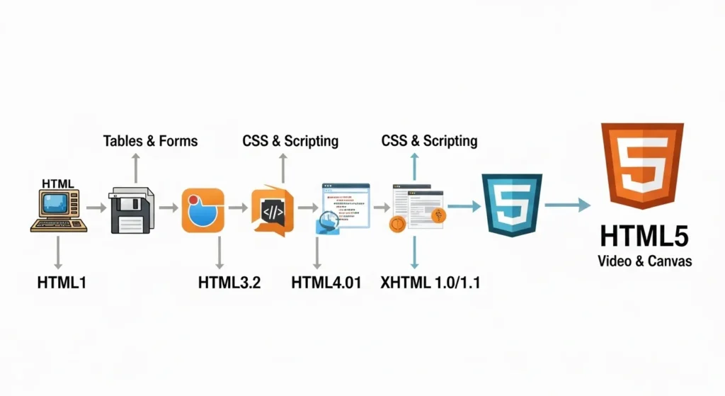 HTML5 tutorial history timeline from HTML1 to HTML5 evolution