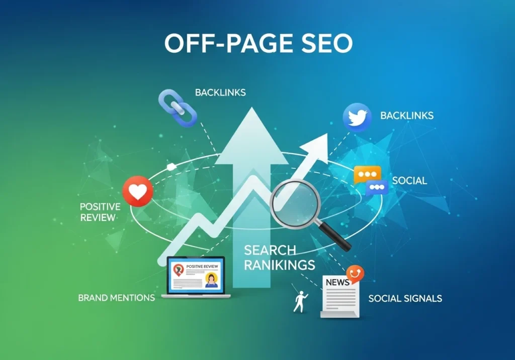 Off-Page SEO strategies showing backlinks, link building, domain authority, and external ranking factors that help improve website search engine rankings.