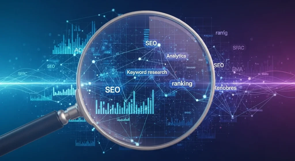 Magnifying glass over search data representing keyword research SEO