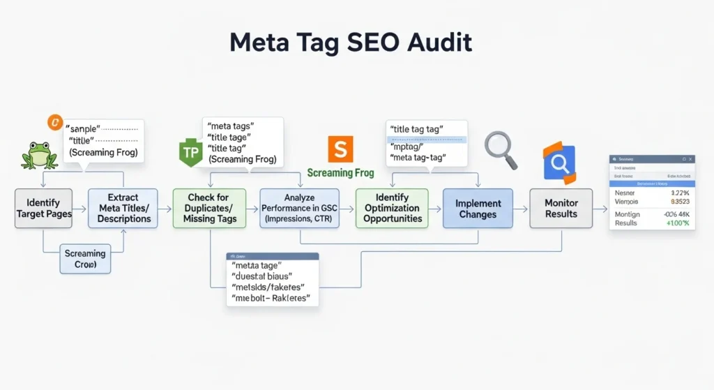 Step-by-step meta tag SEO audit process flowchart using Screaming Frog and Google Search Console