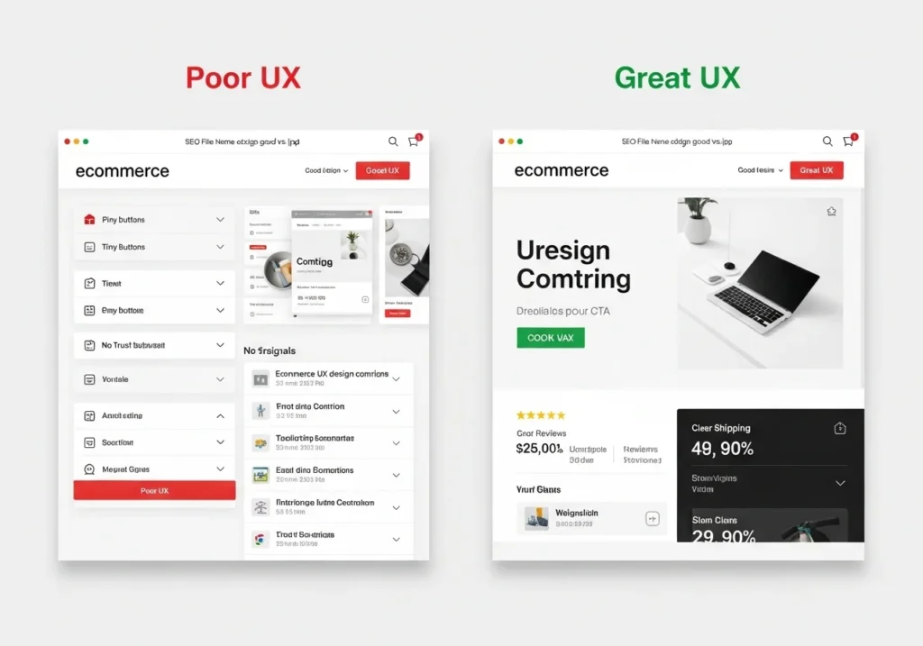 eCommerce UX design comparison showing good vs bad user experience examples.