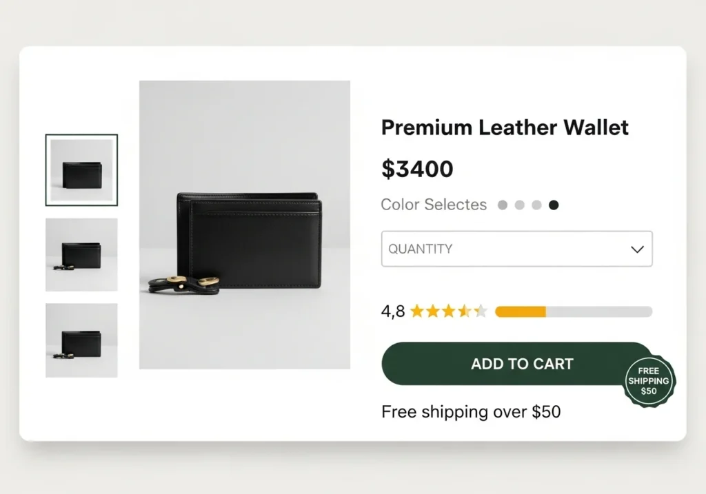 Product page design for eCommerce showing image gallery, CTA button, and reviews.