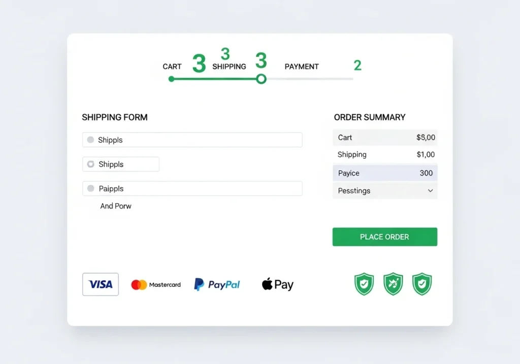 eCommerce checkout page design with trust badges and payment icons.